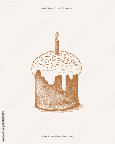 Traditional Easter bread with a lit candle in engraving style. Easter cake decorated with sweet glaze and sprinkles on a light background. Orthodox holiday cake for Easter.