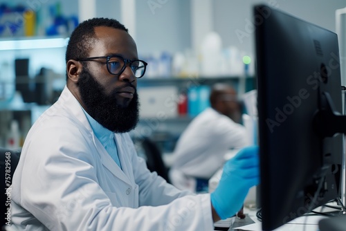 African American pharmaceutical scientist using computer while working on new research in laboratory