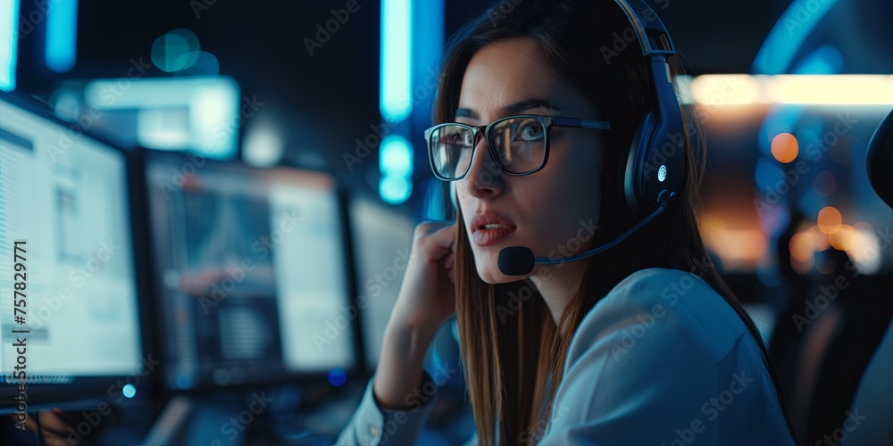 Diligent female call center agent, focused and dedicated, managing tasks on a computer within the central customer service hub. Diligent female call center agent, focused and dedicated, managing tasks on a computer within the central customer service hub.