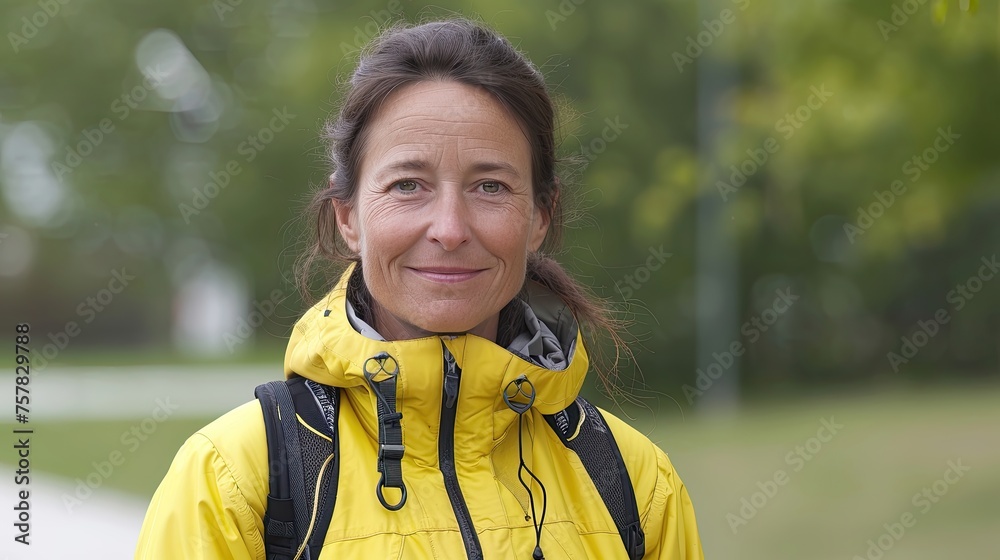 Smiling woman in yellow jacket on a bright, green background. Smiling woman in yellow jacket on a bright, green background.