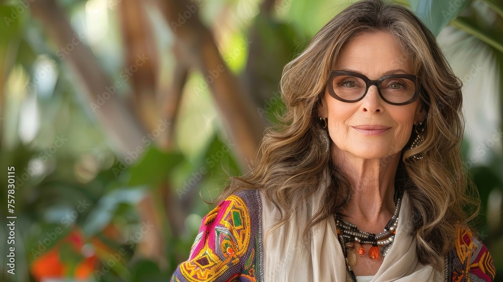 Mature woman with long hair and glasses, smiling in a tropical setting. Mature woman with long hair and glasses, smiling in a tropical setting.