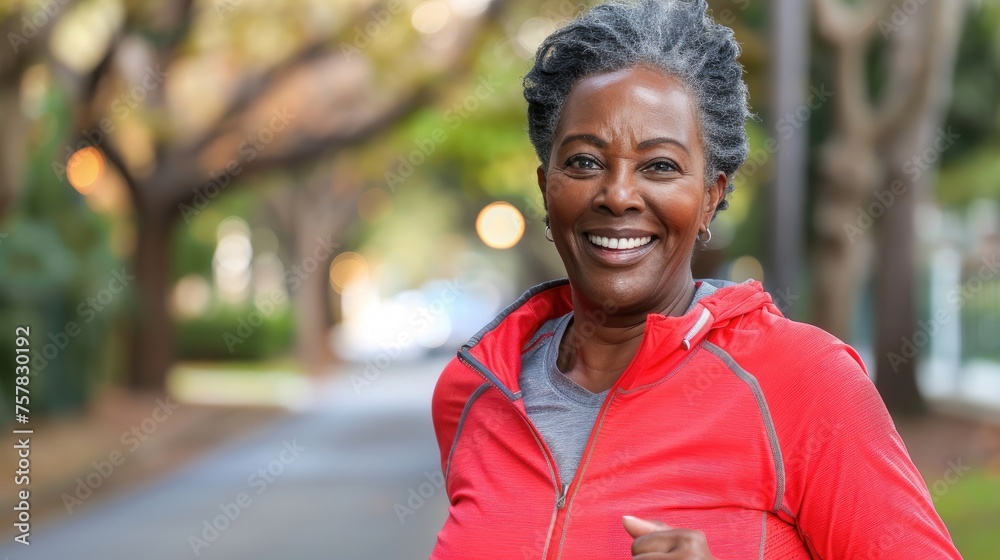 Smiling mature African American woman jogging in a tree-lined street.