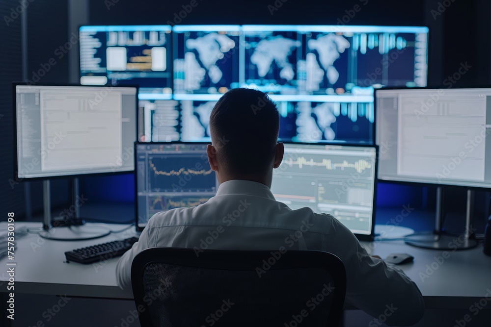 Male system security specialist working at system control center