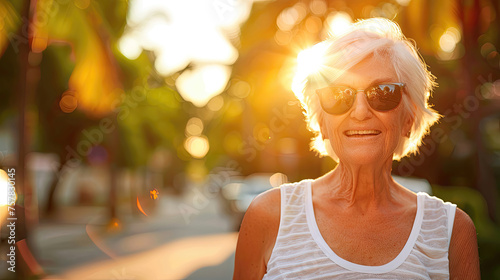 Senior woman in sunglasses enjoying a sunlit day with a radiant smile.