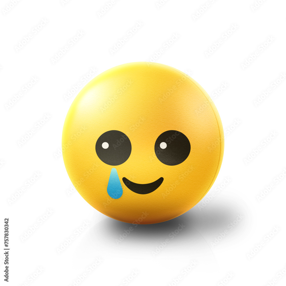 Happy with a tear Emoji stress ball on shiny floor. 3D emoticon isolated.