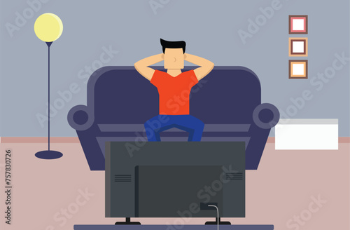 relaxing at home person sitting on a comfortable couch and watch tv flat cartoon