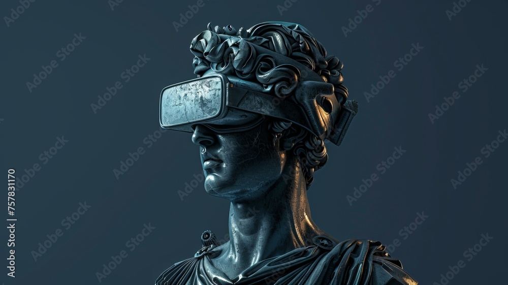 Classical sculpture akin featuring intricate virtual reality goggles - obrazy, fototapety, plakaty 
