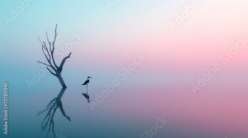 a wide lake with birds in shades of purple and blue