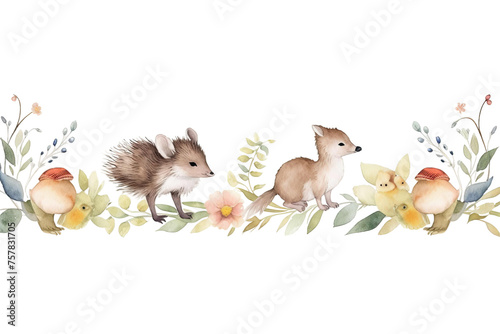 hedgehog goose mouse cute floral Watercolour border Seamless animals watercolour