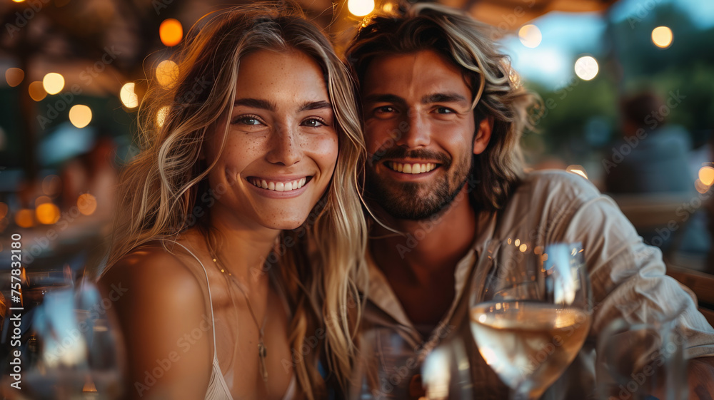 happy smiling couple sitting together and having a romantic evening while toasting a glass of white wine,generative ai