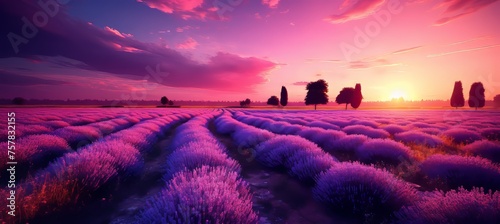 Tranquil road winding through a lush lavender field under the summer sunset glow © Aliaksandra