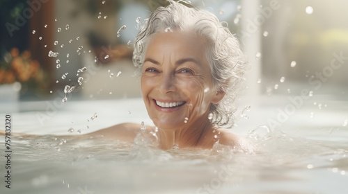 Portrait of happy senior model with water splash for beauty skincare