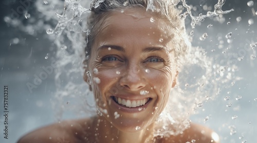 Portrait of happy senior model with water splash for beauty skincare