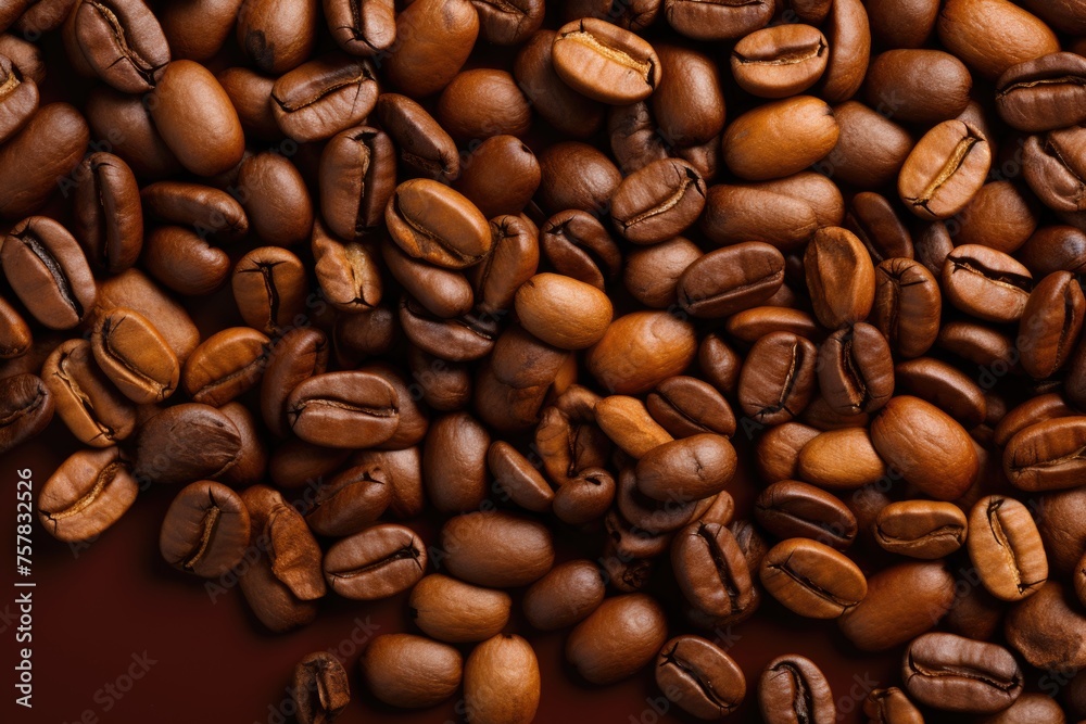 Superior view of toasted coffee beans, scattered on a brown paper texture backgr, generative IA Superior view of toasted coffee beans, scattered on a brown paper texture backgr, generative IA