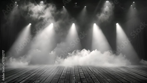 Stage light and smoke on stage with spotlights black and white. Stage lights. spotlights and white laser holograms spins, turns and emits light bright beams. Lighting equipment and light effects 4k photo