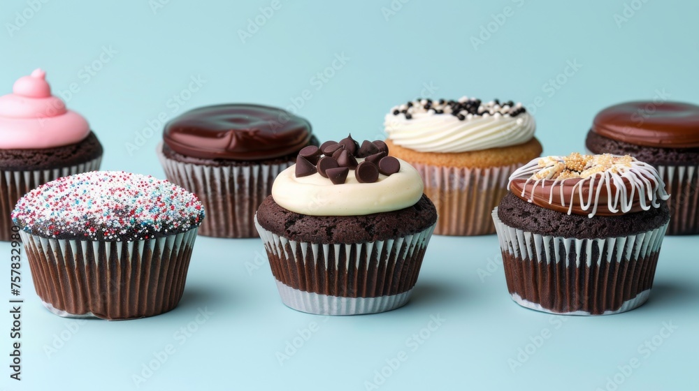 Tasty cupcakes topped with frosting, icing. Isolated on blue background. Room for copy space.
