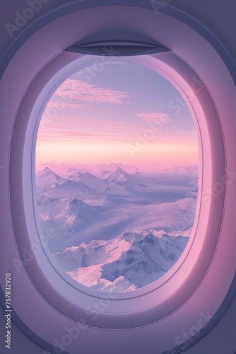 View from the passenger window of an airplane during a flight on mountains and soft clouds at dawn