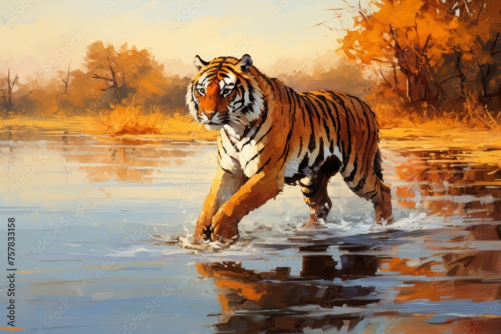 Fototapeta premium Majestic tiger in natural wilderness realistic oil painting illustration in vibrant colors
