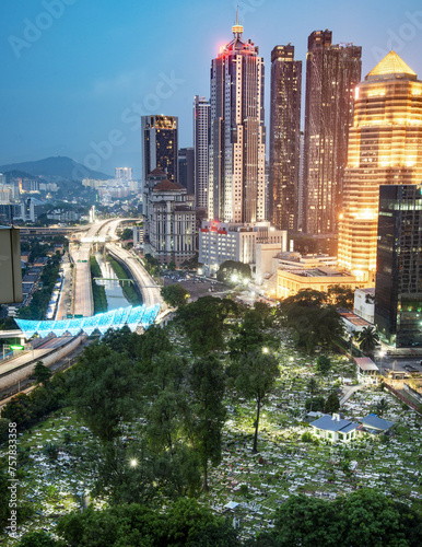 Photography Nighttime view of Saloma Link bridge,Muslim cemetery,and Klang river,Kuala Lumpur,Malaysia