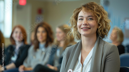 A woman with a smile on her face is sitting in a room with other people