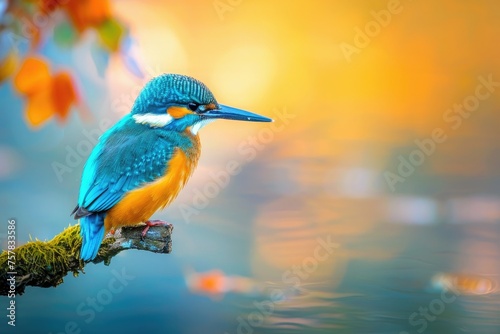 colorful kingfisher bird sits calmly on a tree branch, against a soft-focus background with warm hues