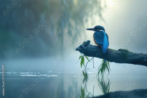 colorful kingfisher bird sits calmly on a tree branch, against a soft-focus background with warm hues