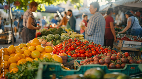 A group of people are shopping at a market with a variety of fruits