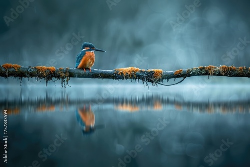 colorful kingfisher bird sits calmly on a tree branch, against a soft-focus background with warm hues