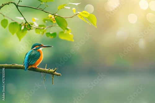 colorful kingfisher bird sits calmly on a tree branch, against a soft-focus background with warm hues