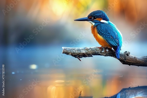 colorful kingfisher bird sits calmly on a tree branch, against a soft-focus background with warm hues