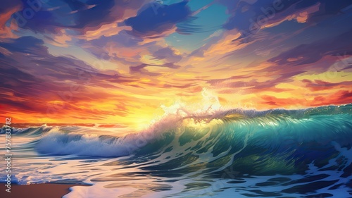 Colorful Ocean Wave. Sea water in crest shape. Sunset light and beautiful clouds on background. Colorful ocean wave. Sea water wave shape. © May