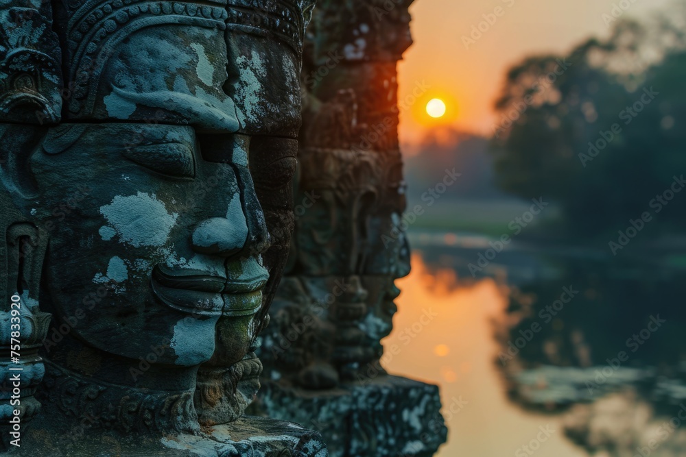 Obraz premium Angkor Thom, Cambodia: Stone Asura Face at Ancient Khmer Temple Ruin with Stunning Sunset Over Moat - Travel and Religion