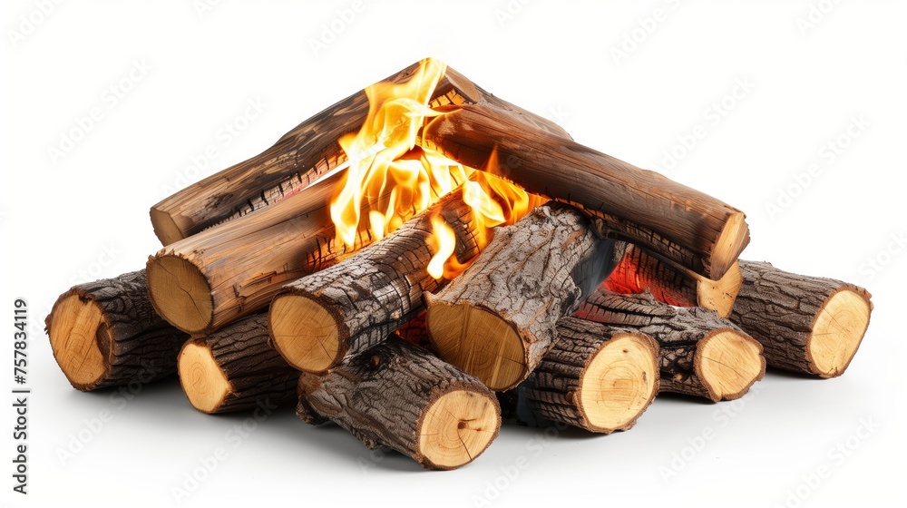 Bonfire, burning wooden logs, and hot flames isolated on white.