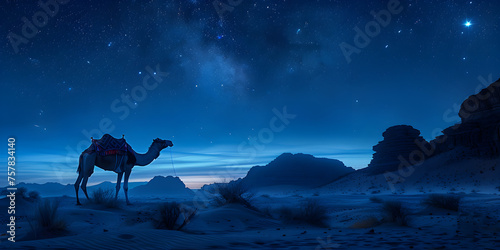 A camel carrying a lantern at night in the desert with sand dunes and the moon  