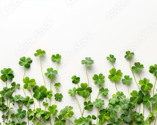 Beautiful Clover Leaves on White Background. Botanical Composition for St. Patrick's Day or Irish Culture with Space for Copy