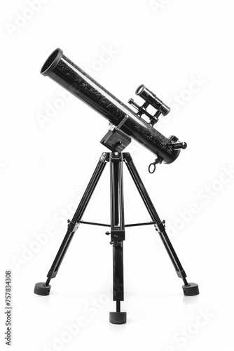 Black Telescope on Aluminum Tripod for Science Discovery. Isolated on White Background, Optical Lens for Observation