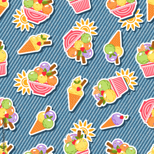 Funny seamless denim pattern with stickers with ice cream, sun icon. Detailed texture of blue jeans fabric on background. Summer design.
