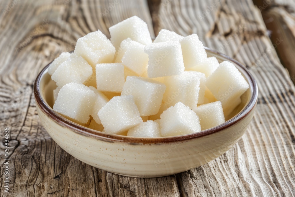 Bowl of Sweetness: Sugar Cubes Piled High on a Wooden Table as a Succulent Ingredient for Delightful Food Bowl of Sweetness: Sugar Cubes Piled High on a Wooden Table as a Succulent Ingredient for Delightful Food