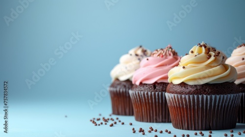 Tasty cupcakes topped with frosting, icing. Isolated on blue background. Room for copy space.