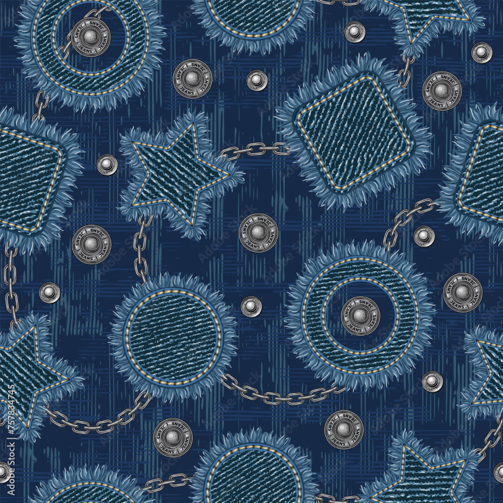 Denim seamless pattern with scattered patches with fringe, jeans buttons, rivets, silver steel chains. Blue grunge abstract texture with criss crossed lines on background. Vintage style
