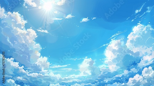 Sunny Skies and Cloudy Dreams: A Blue Sky Scene with Sunbeams and Clouds Generative AI