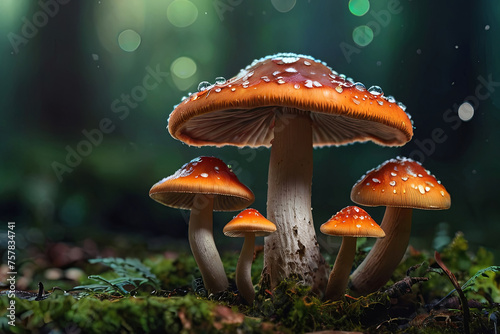 Magical mushrooms, beautiful macro shot with magic light. Digital art. 