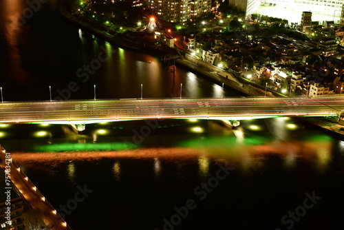 Tokyo at night scityscape from skyscraper river bridges photo