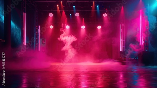 Empty night club stage illuminated with pink spotlights. Retro dance floor. Scene with laser beams, lamps, billowing smoke. Disco dancing area interior