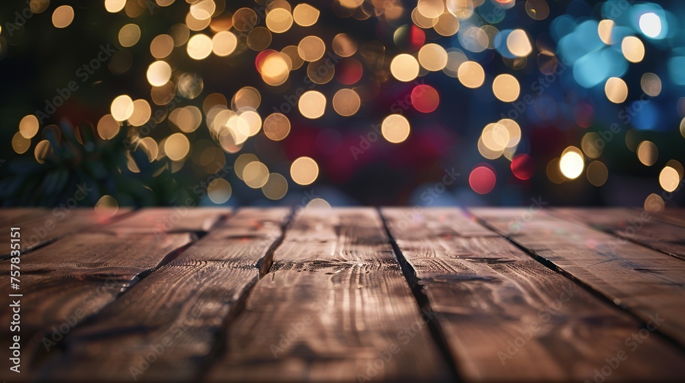 Empty wooden table top with defocused bokeh Christmas Fair lights background. Template for product display - obrazy, fototapety, plakaty 