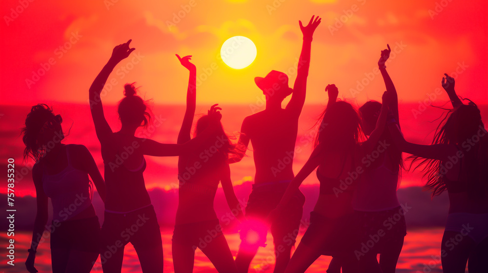 Silhouettes dancing on beach at sunset, tropical palm trees, vibrant summer party scene.