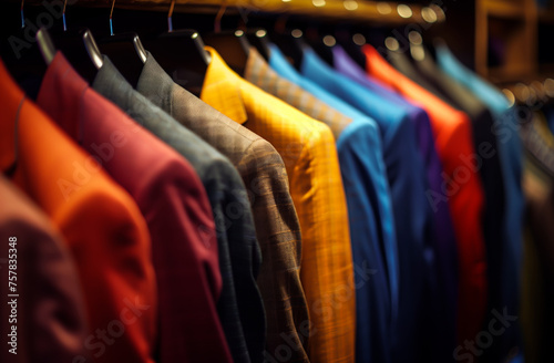 Assorted colorful suits on hangers in a row, focus on retail fashion and menswear.
