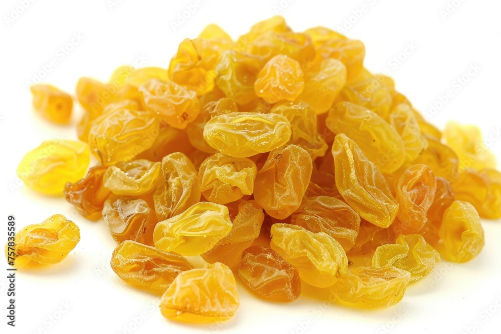 Delicious Golden Raisins. Isolated Yellow Pile of Grapes on a White Background. Sweet Fruit Food Delicious Golden Raisins. Isolated Yellow Pile of Grapes on a White Background. Sweet Fruit Food