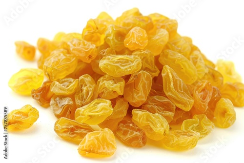 Delicious Golden Raisins. Isolated Yellow Pile of Grapes on a White Background. Sweet Fruit Food