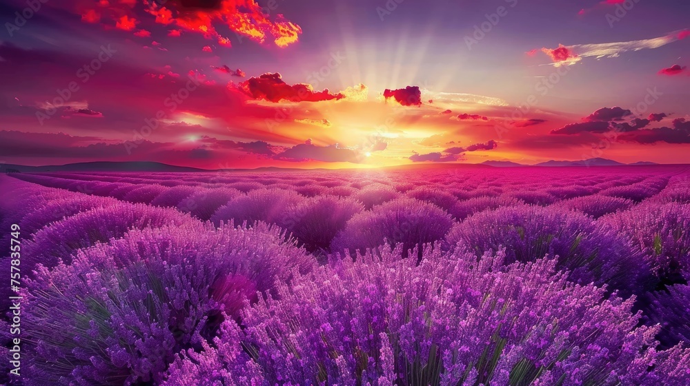 Dramatic Lavender Field Landscape at Sunset with Vibrant Colors and Stunning Cloudscape in Bulgaria